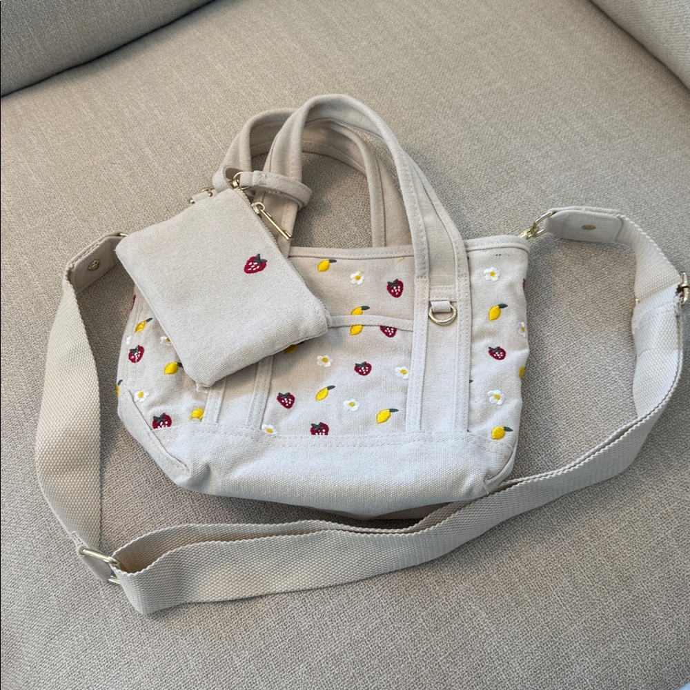 Canvas Mini Tote Bag with Strawberry & Daisy Embroidery - Cream